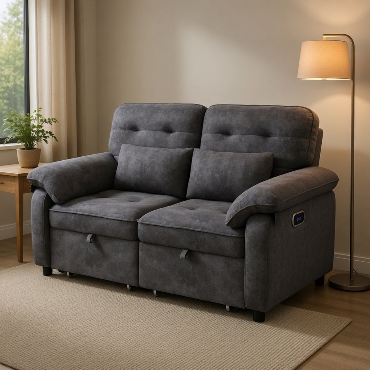 KOMHTOM 3-in-1 tweepersoons slaapbank - opklapbaar met verstelbare rugleuning en slaapfunctie - met USB-oplaadaansluiting - chenille-stof - grijs - incl. 2 kussens