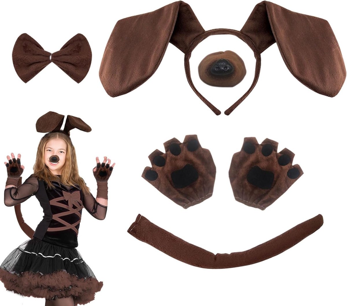 Complete Set van 5 Delen voor Teckel Kostuum, Inclusief Oren, Hoofdband en Staart, Perfect voor Halloween en Verkleedpartijen