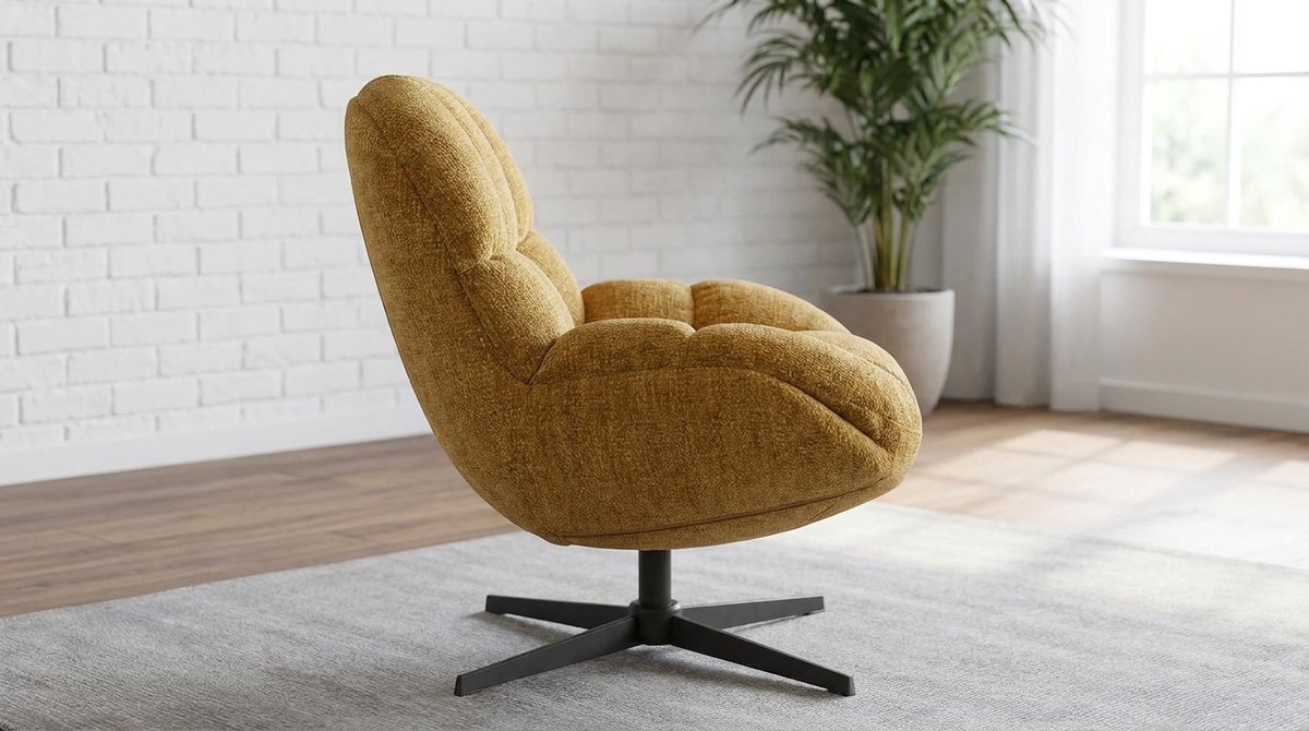 Draaifauteuil Mustard Elite 360° Draaibaar – Luxe Chenille Lounge Fauteuil – Zachte Retro Design Stoel 76x86x92 cm – Zwart Metalen Onderstel – House&Garden