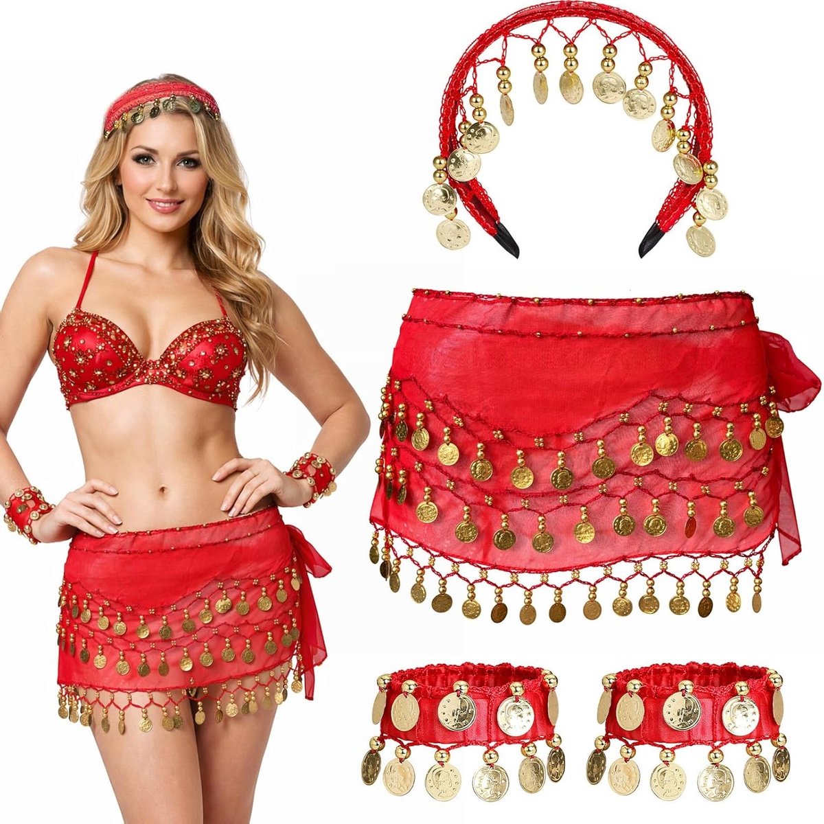 Belly Dancer Kostuum Accessoires Set met Muntarmbanden, Haarband voor Buikdansen, Zumba en Yoga Performances