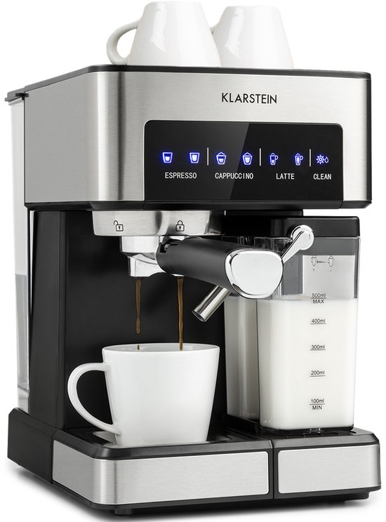 Klarstein Koffiemachine Espresso Pistonmachine met Melkopschuimer, 1,8 L Mini Espressomachine met Piston, 20 Bar RVS Compact, Melkreservoir, 1350 W Koffiemachine voor Gemalen Koffie - Stoompijpje Touch LED - Coffee Machine