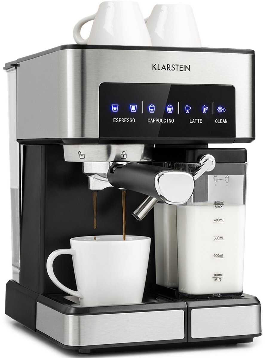 Klarstein Koffiemachine Espresso Pistonmachine met Melkopschuimer, 1,8 L Mini Espressomachine met Piston, 20 Bar RVS Compact, Melkreservoir, 1350 W Koffiemachine voor Gemalen Koffie - Stoompijpje Touch LED - Coffee Machine — afbeelding 6