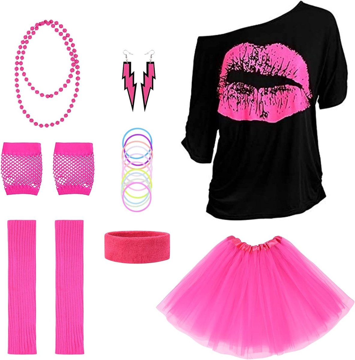 80s Kostuum Accessoires Set, 8 Stuks T-Shirt, Hoofdband, Oorbellen, Ketting en Bril voor 80s Themaparty, Feestoutfits en Retro Mode