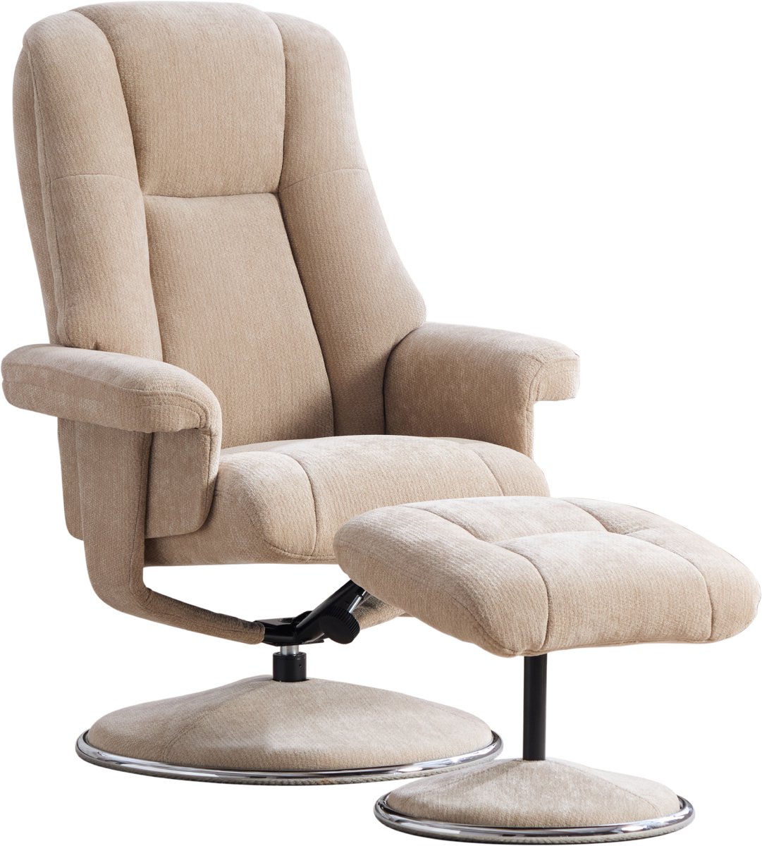 Merax Draaibare Relaxfauteuil met Voetenbank - Verstelbare Rugleuning 145° - Zachte Chenillestof - Metalen Voet - 360° Draaibaar - Licht Taupe Beige