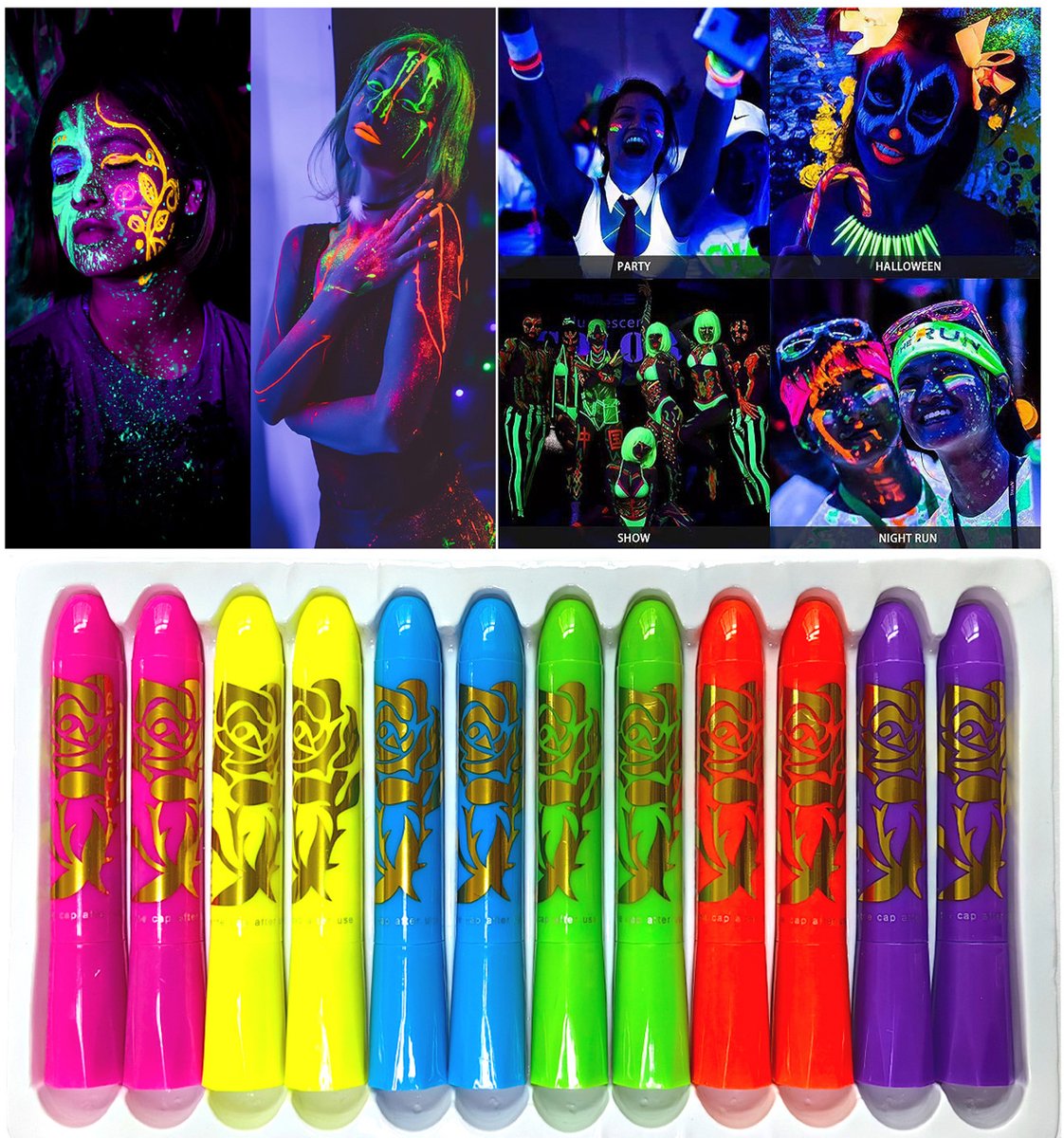 Schminkstiften - Schmink Set Krijtjes - 6 kleuren, 12 stuks -Fluoriserend UV Neon Glow in the Dark Krijtjes-Giftige Gezichtsverfkrijtjes voor Halloween Cosplay Make-up-Helderste Glow onder UV-Licht — afbeelding 6