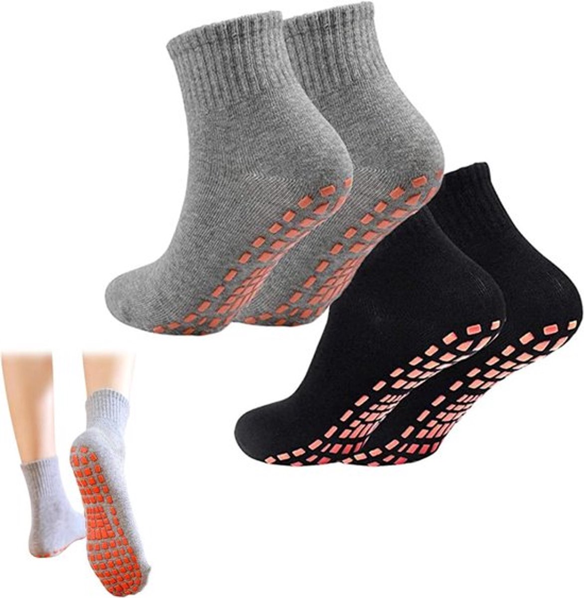 Antislipsokken voor pilates, yoga, dans - Dames en heren - 2 paar - Zwart Grijs - Maat 36 EU Larga