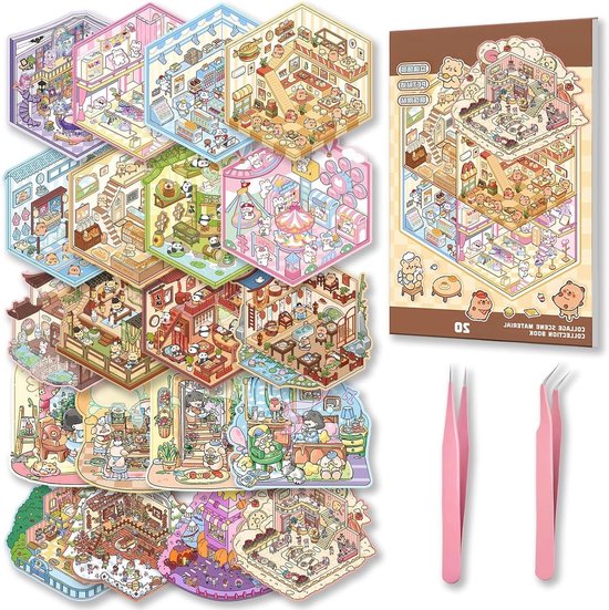 Een verzameling kleurrijke, zeshoekige 3D-stickerbladen met scènes zoals een bakkerij, pretpark en bibliotheek. Met roze pincetten.