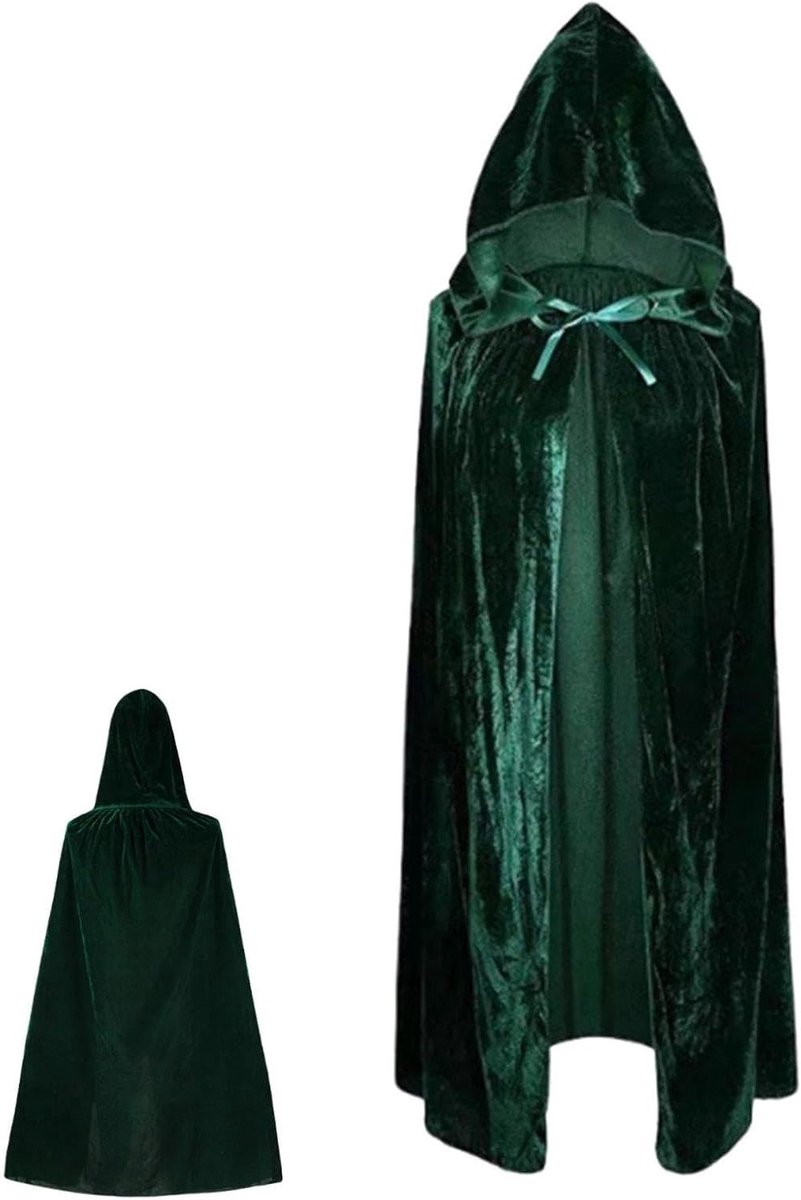 Groene mantel 170 cm - elegante middeleeuwse dameskleding, Halloween-kostuums, lange capuchon en renaissance rollenspel accessoires