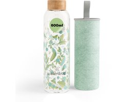 Waterdrop Glazen Drinkfles 600 ml – Clean Melange – Duurzame & Sterke Waterfles van Borosilicaatglas – Met Neopreen Beschermhoes en Bamboe Dop - Perfect als cadeau