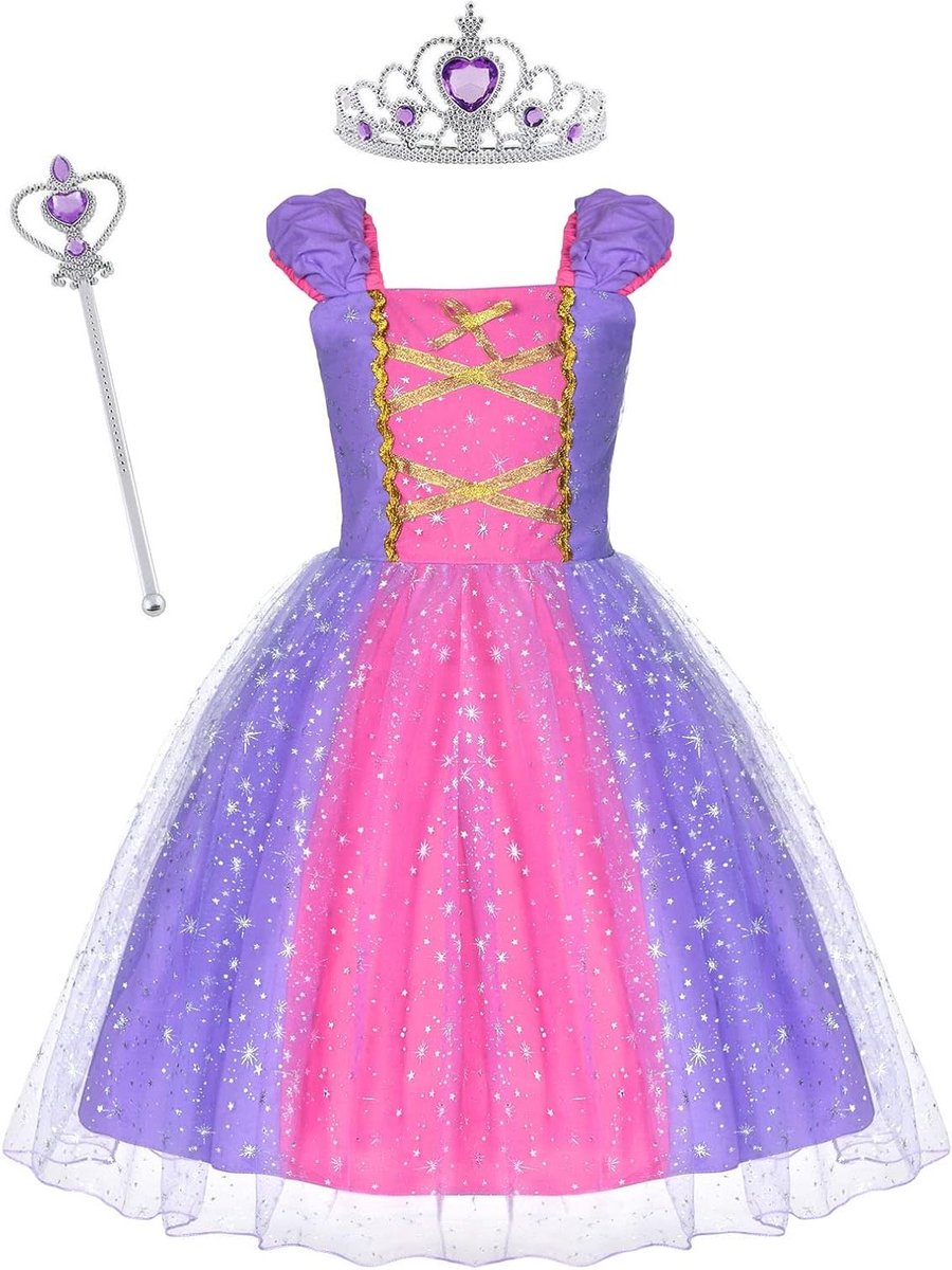 Princess Jurk voor Meisjes, Rapunzel Kostuum met Kroon en Toverstok, Luxe Feestjurk voor Verkleedpartijen, Carnaval, Cosplay en Halloween (6 Maanden - 5 Jaar)