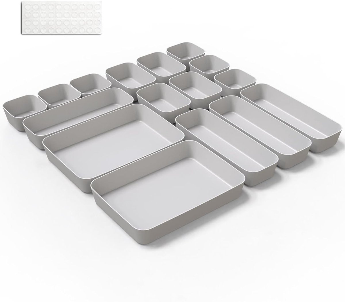 Minimalistisch Lade Organizer Systeem, 16 Stukken, Voor Keuken, Badkamer en Cosmetica, Plastic Ladeverdeler met Siliconen Matten (Lichtgrijs)