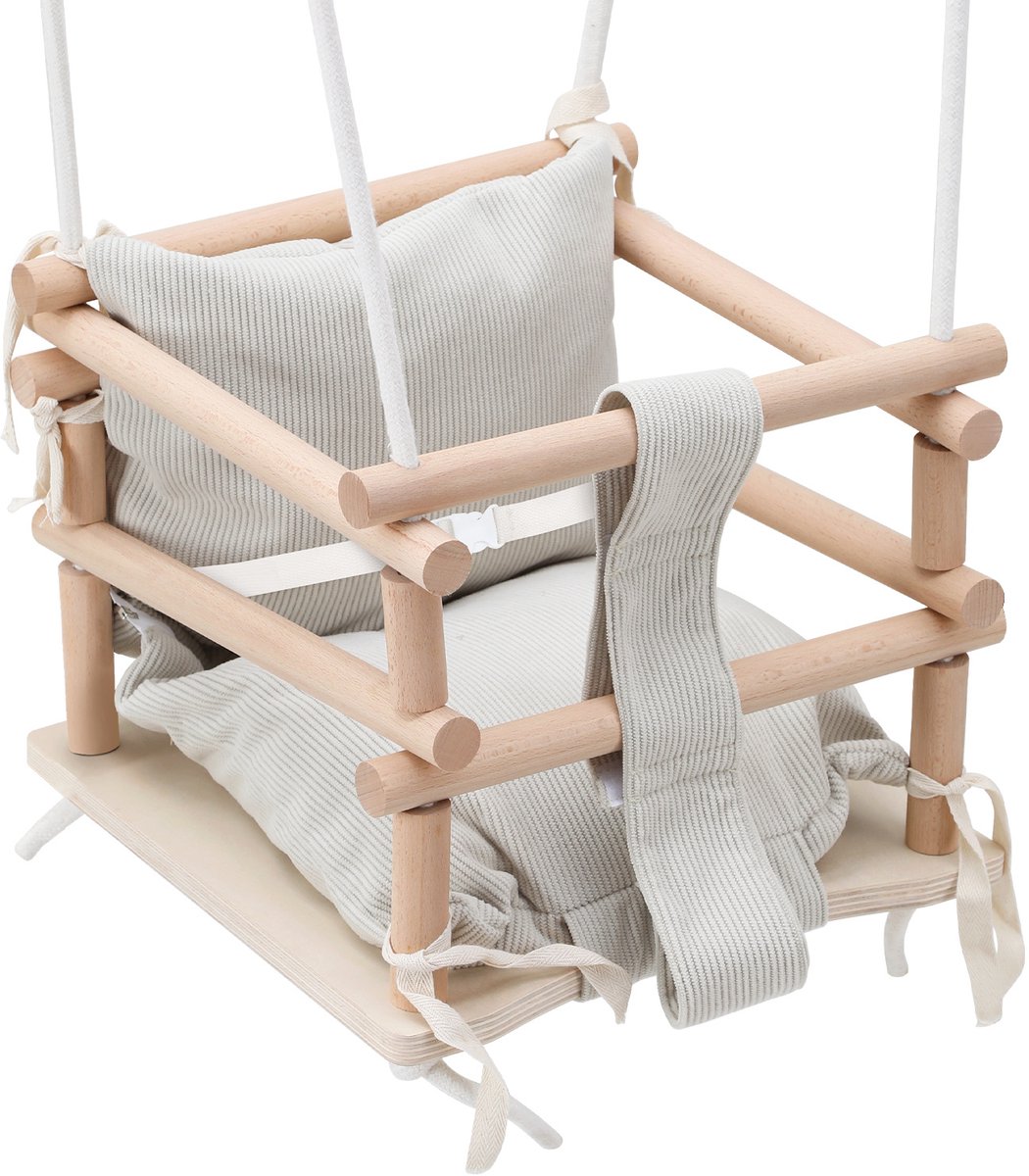 Kinderschommel met houten zitting en beige zitkussen, in hoogte verstelbaar, vanaf 12 maanden