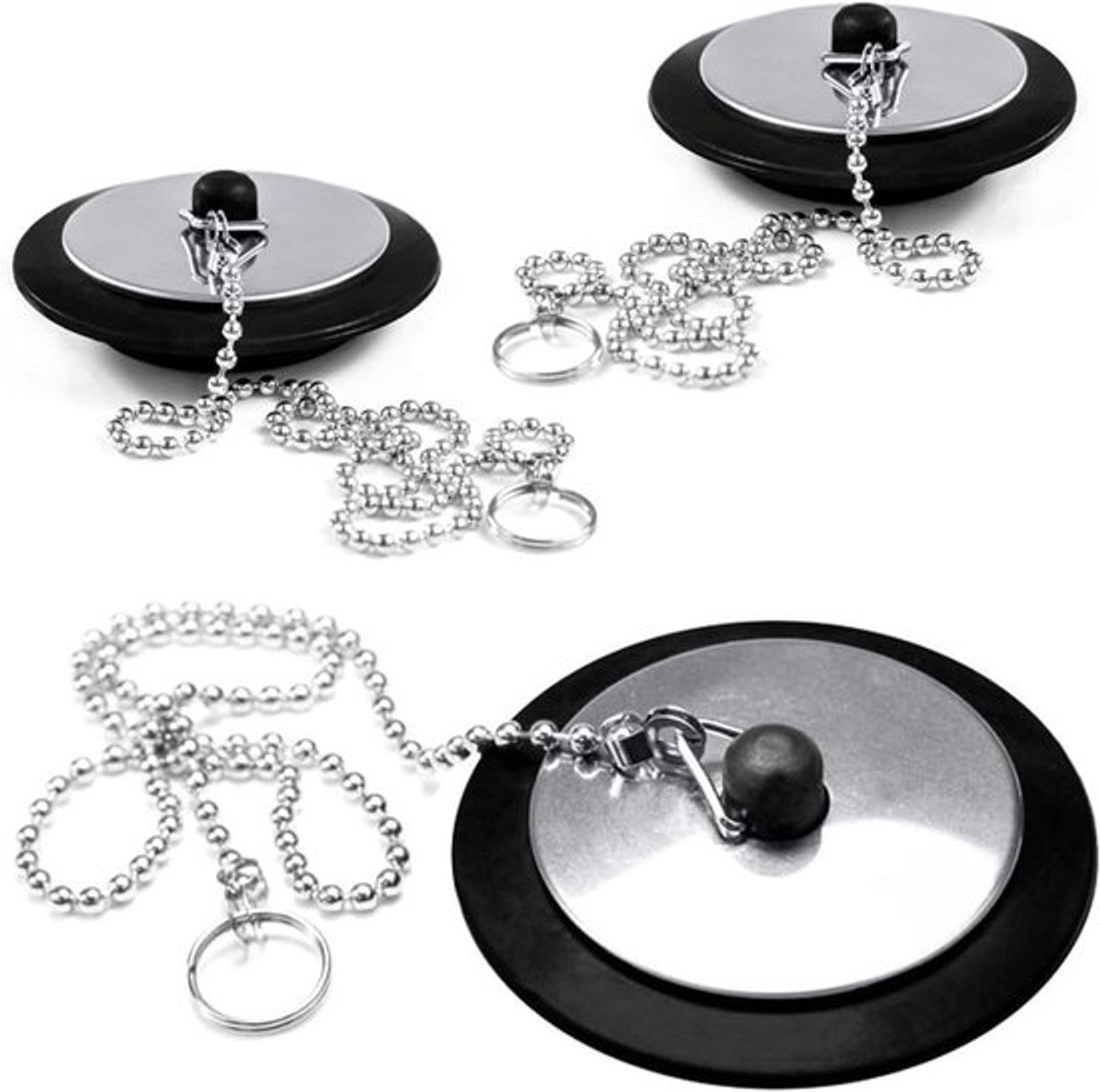Universele badplug set, badkamer en keuken afvoerstop, roestvrijstalen ketting - 3 stuks