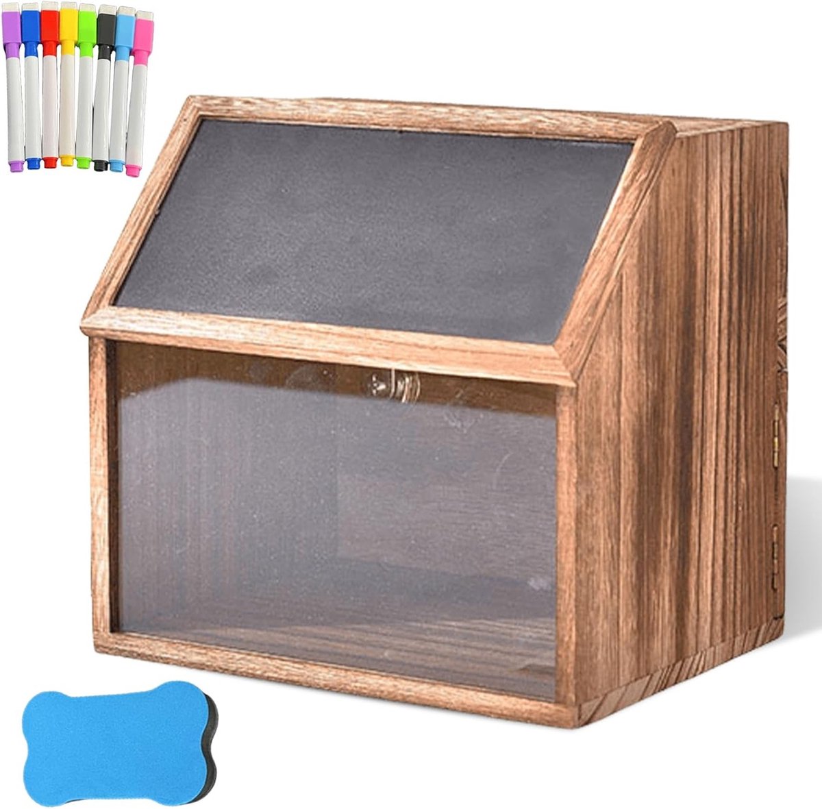 Afsluitbare houten suggestiebox voor school, urn of cadeau - 21 x 20 x 16,5 cm, ideeën verzamelen, creatief geschenk