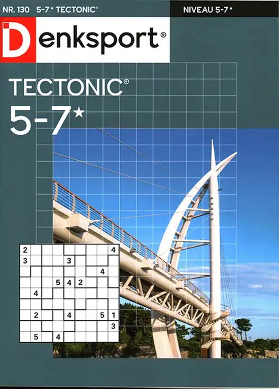 Denksport Tectonic 5-7*, nr. 130, met een puzzel en een afbeelding van een moderne brug onder een blauwe hemel.