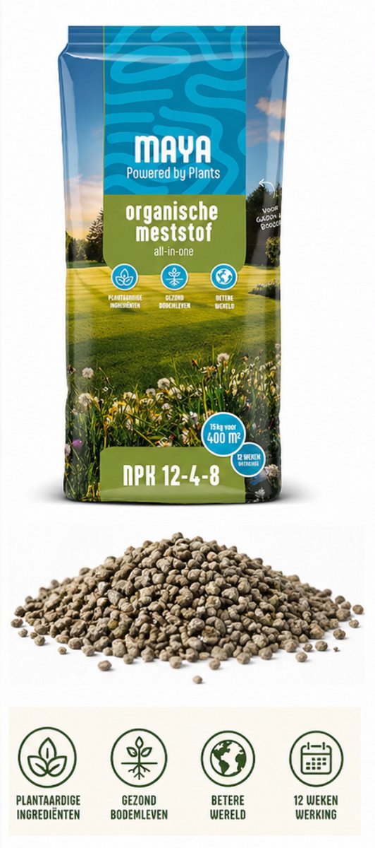 Maya - Organische Gazonmest - All in One Meststof voor 400m2 gazon - Plantaardig en Natuurlijke voeding - Werking van 3 maanden - 15kg