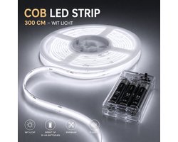 PolkaHome COB LED Strip 300cm - Batterijgevoerd (zonder batterijen) - Wit Licht 6000K - Flexibel & Knipbaar - Egaler Licht zonder Vlekken - voor Keuken, Badkamer, Spiegel, Onderbed