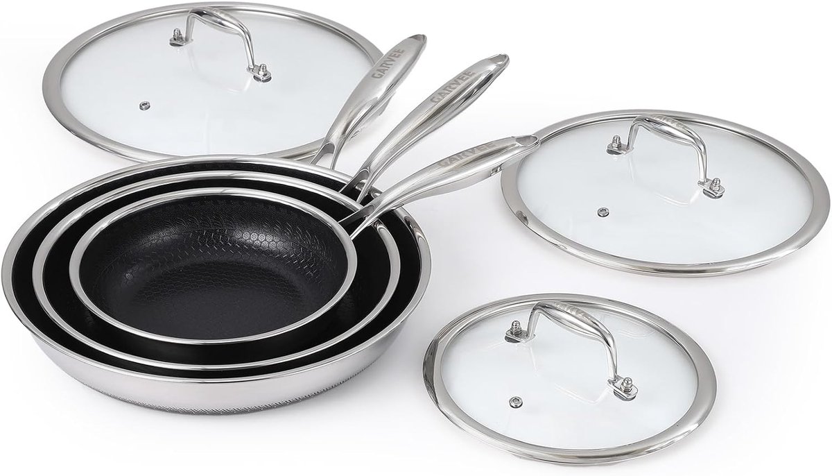 3-Delige RVS Koekenpannenset met Deksels en Afneembare Handgreep - Inductie & Alle Warmtebronnen - PFOA-Vrije Anti-Aanbaklaag - 20, 24 en 30 cm