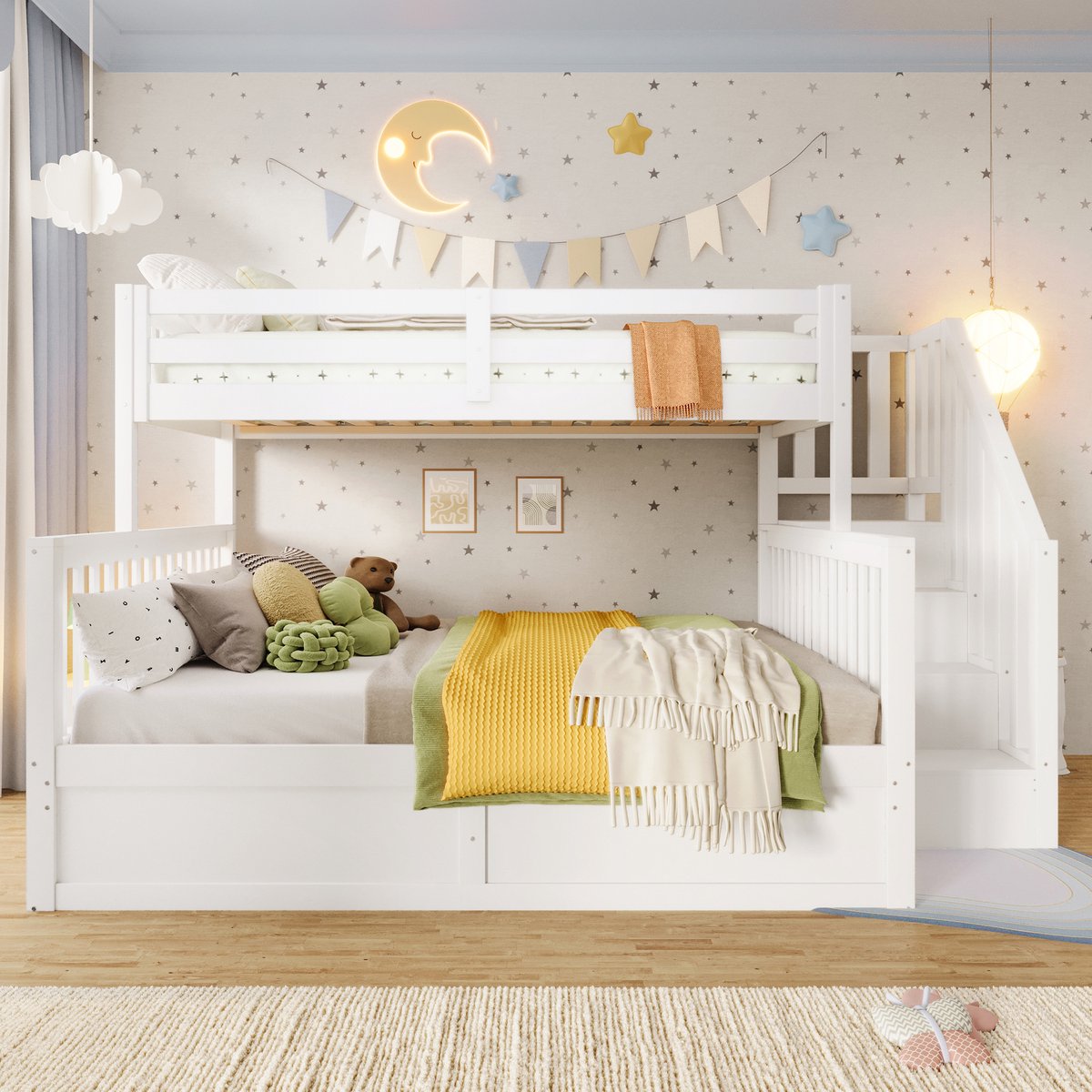 VVBV Stapelbed 90x200 en 140x200 – Kinderstapelbed met Opbergruimte – Zonder Matras – Wit – Hydraulische Opbergruimte – Trap – Ladder White