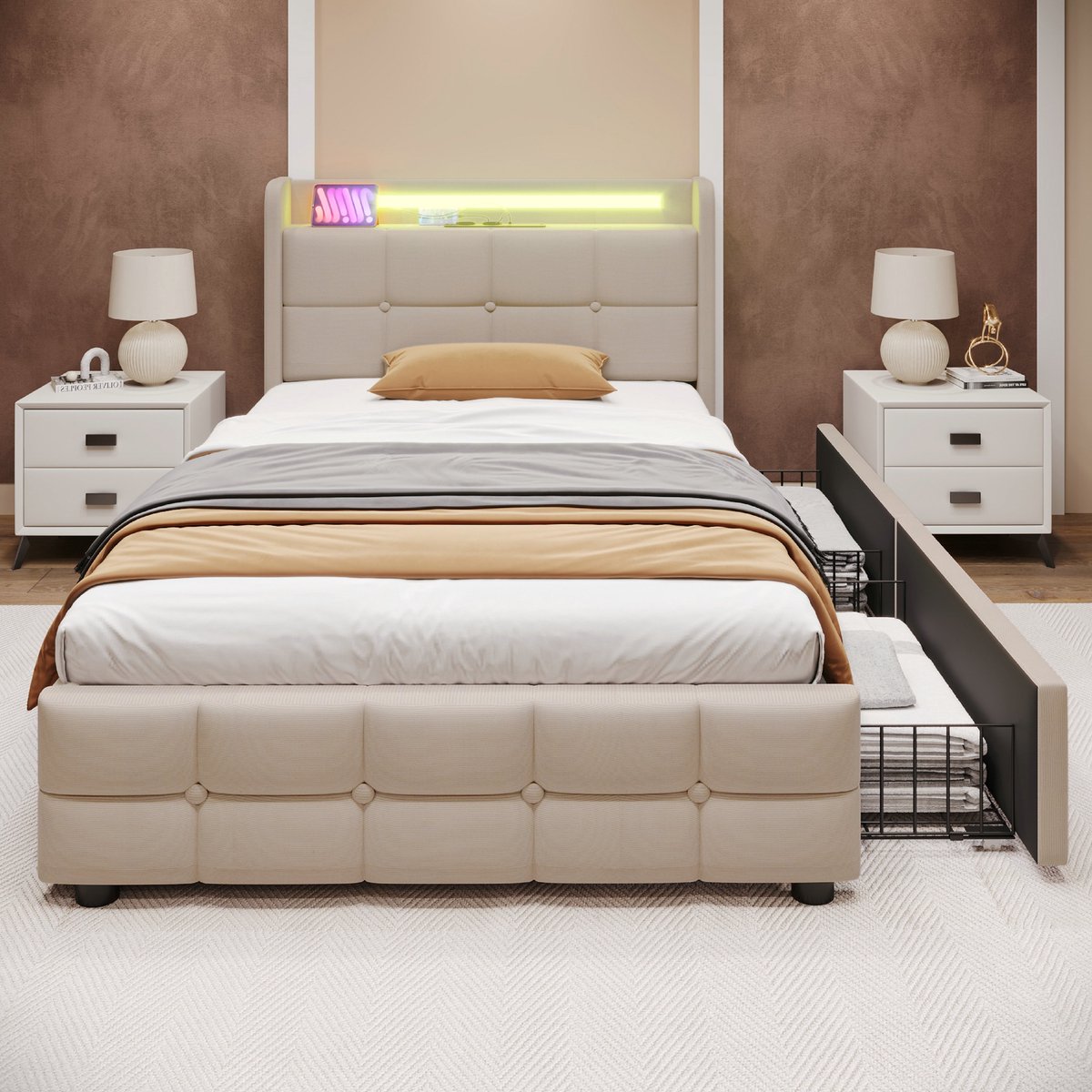 VVBV Bed met opbergruimte 90x200 / Eenpersoonsbed 90x200 – met Lades, LED-Verlichting, USB, Stopcontact, Lattenbodem – 2 Lades – Hoofdbord – Beige