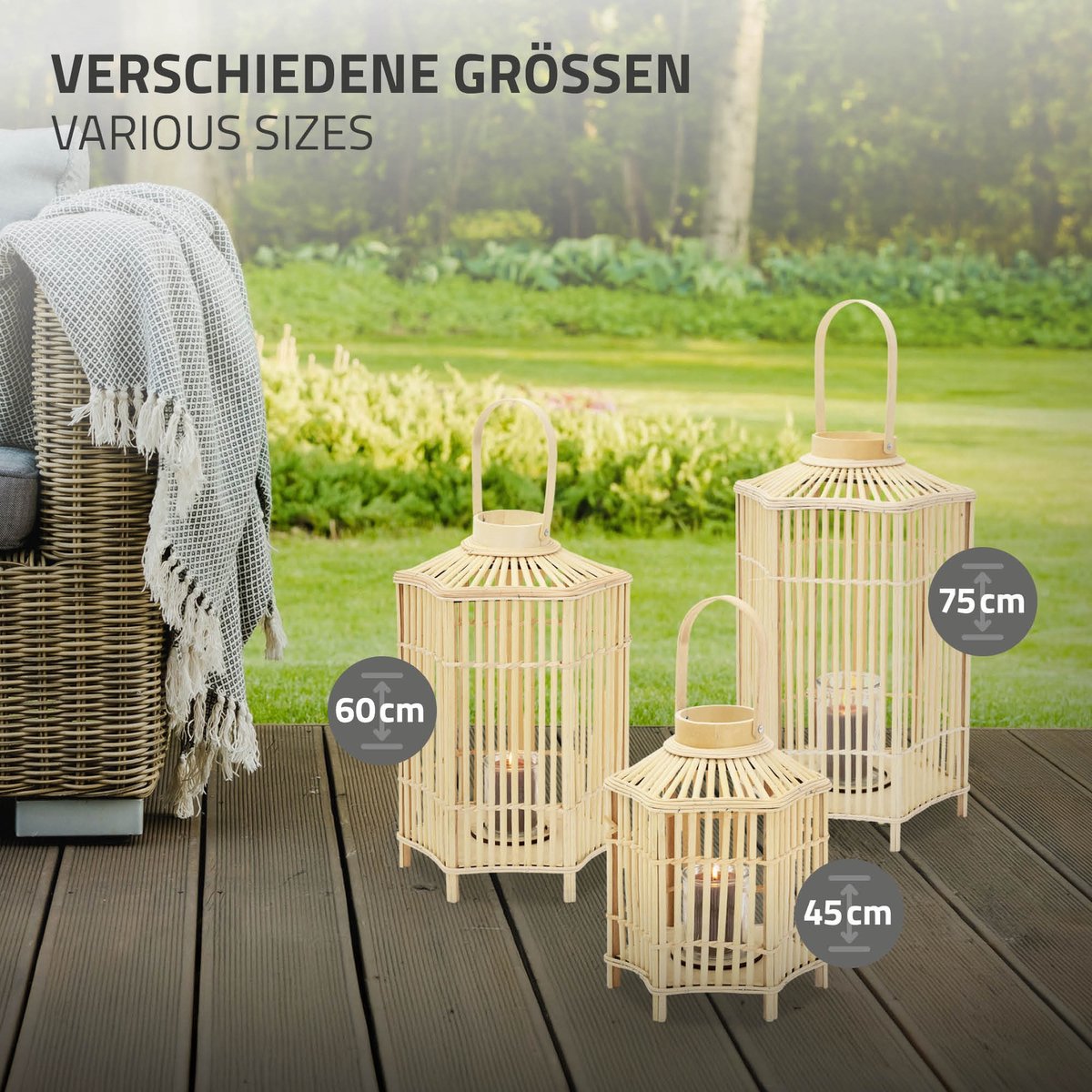 ECD Germany bamboe lantaarn, decoratieve houten windlicht serie, grote kaarsenhouder van 75 cm hoog, luxe houtlook met glas en handvat, sfeervolle boho tuinlantaarn gevlochten stijl, moderne decoratie voor binnen buiten balkon terras en woonkamer — cadeau in Wonen & Interieur - foto 5