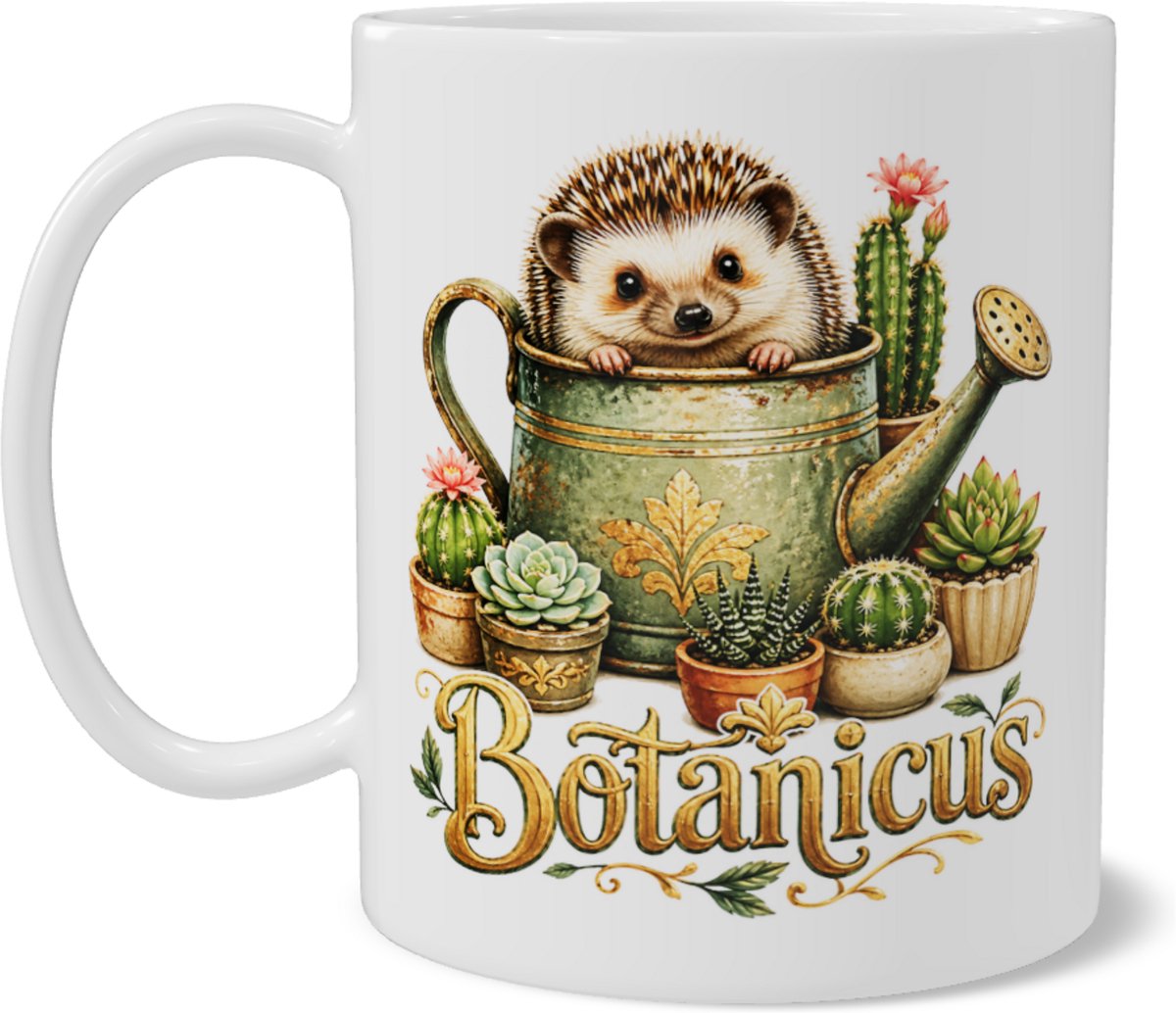 Mok Egel Botanicus - Schattige Egel in Gieter met Cactussen - Vintage Stijl Illustratie - Cadeau voor Tuinliefhebber en Plantenfan