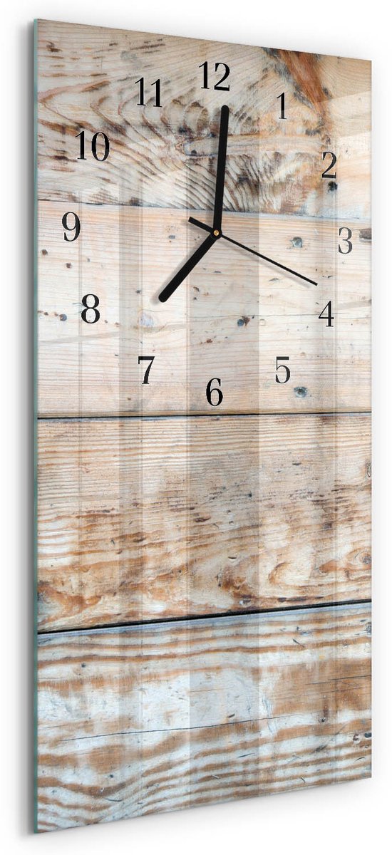 TULUP Wandklok - Hout Gekleurde Glazen Klok - 30x60 cm - Beige Glazen Klok Met Print - Zwarte Handen - Rechthoekige Wandklok - Glazen Wandklok Design - Klok Glas Met Opdruk Beige - Hout