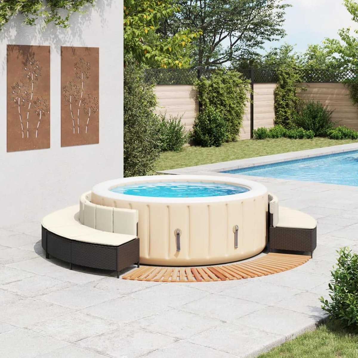SpaElite Pro Whirlpool Ombouw met Opbergruimte, Zitbanken en Instap 200x200x55 cm Zwart Polyrotan & Acaciahout Modulair Weerbestendig voor Jacuzzi en Zwembad