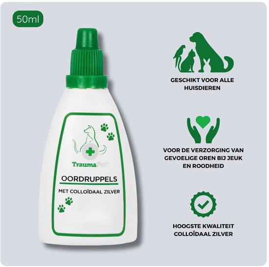TraumaPet oordruppels fles met groene dop, 50ml, geschikt voor alle huisdieren, voor gevoelige oren, jeuk en roodheid. Colloïdaal zilver.