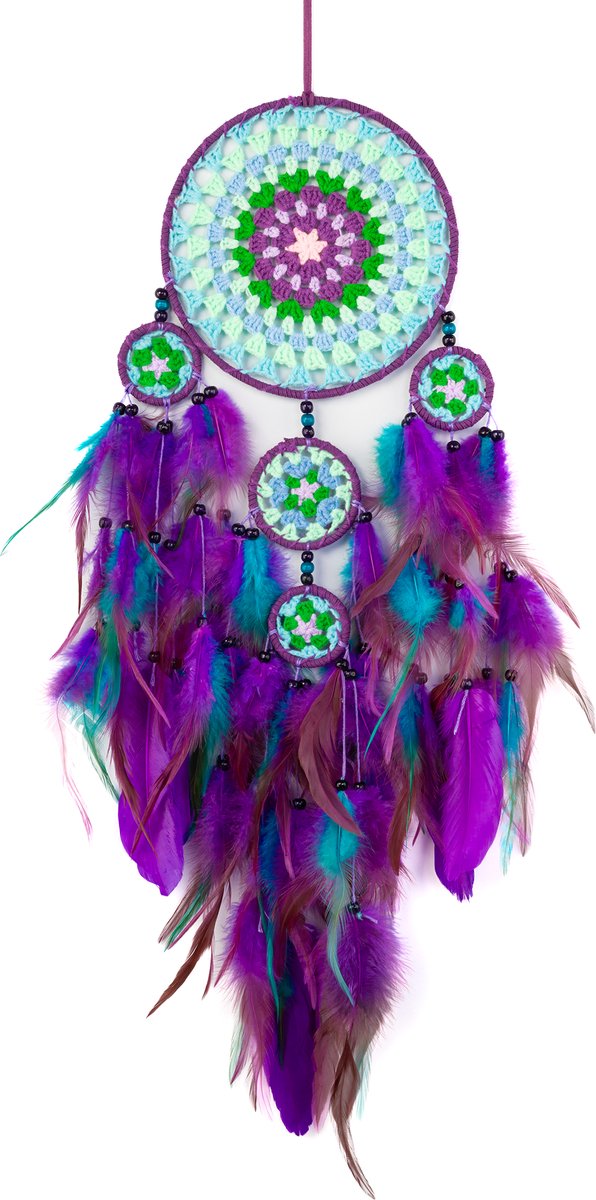 KIMU® Dromenvanger 5 Cirkels Paars Turquoise - Dreamcatcher Veren Macramé - Bohemian Ibiza Kinderen Boho Babykamer Buiten Kado Meisjeskamer Veertjes Festival