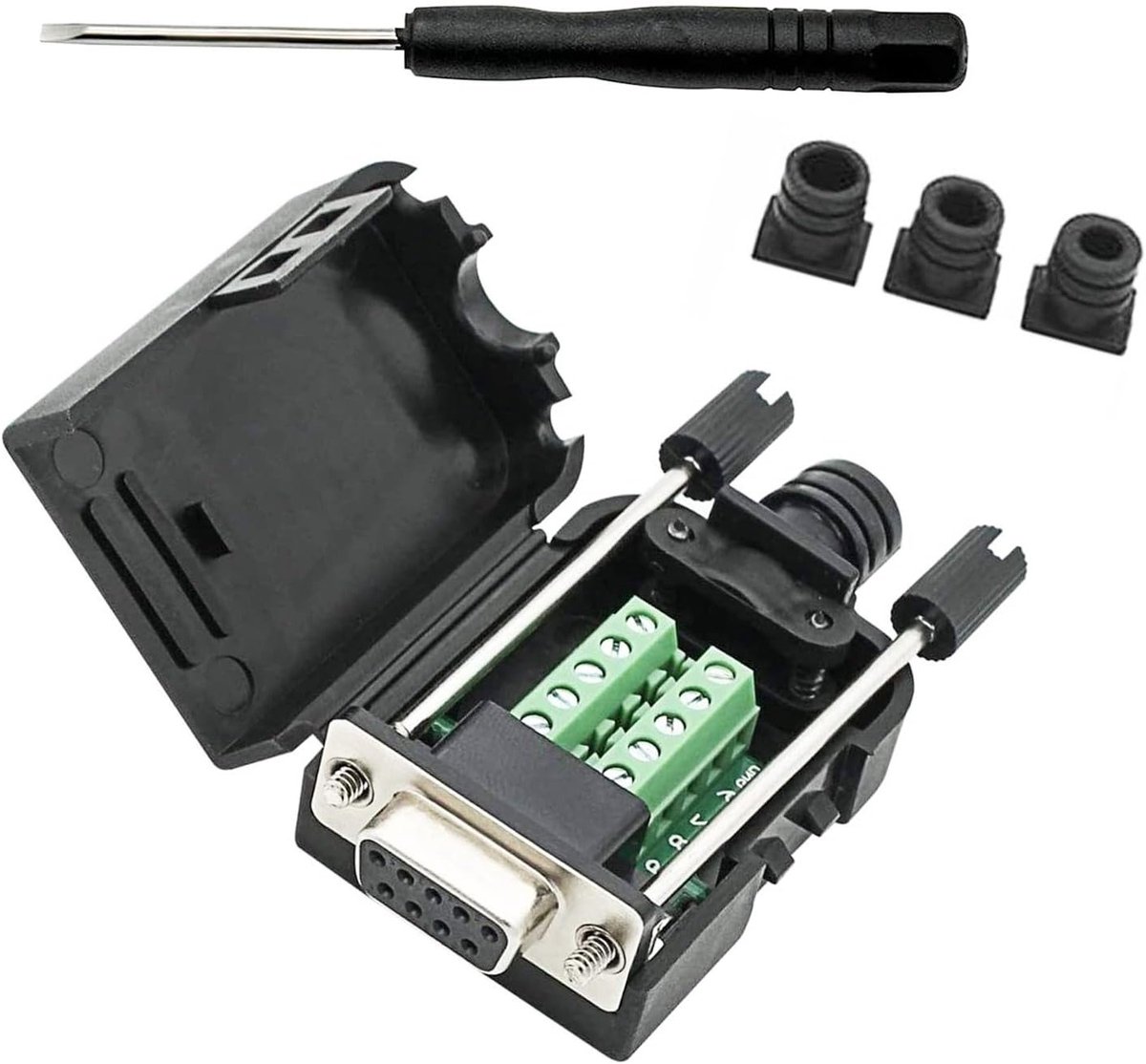 Breakout connector voor RS232 D-SUB vrouwelijke seriële adapter - 9-pins poort, soldeervrije terminal met rubberen kern, schroevendraaier en lange bouten voor eenvoudige installatie