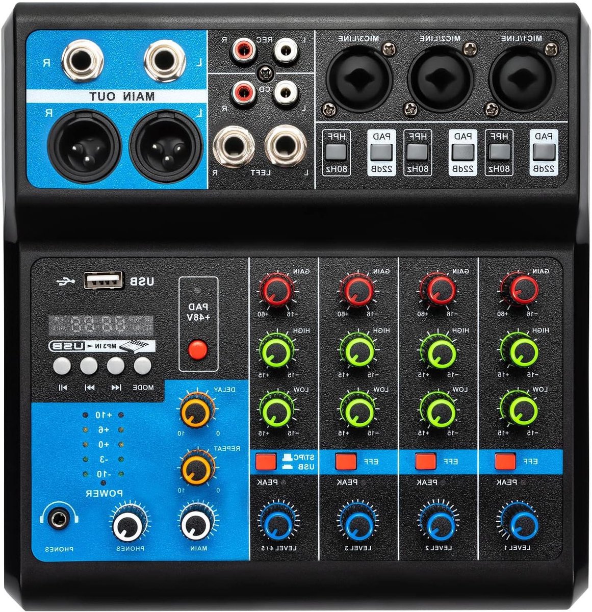 Audiomixer - Mengpaneel Geluid - Content Creatie - 5 Kanalen Bluetooth - 20.5 cm - Zwart