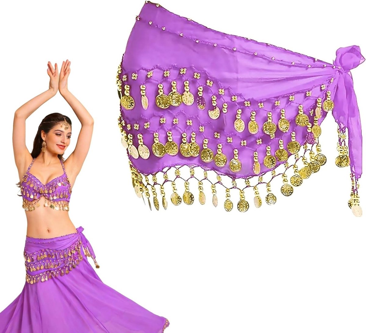 Elegante heupdoek met 90+ munten voor buikdans, perfect voor optredens en feesten, chiffon 55 inch, lichtpaars