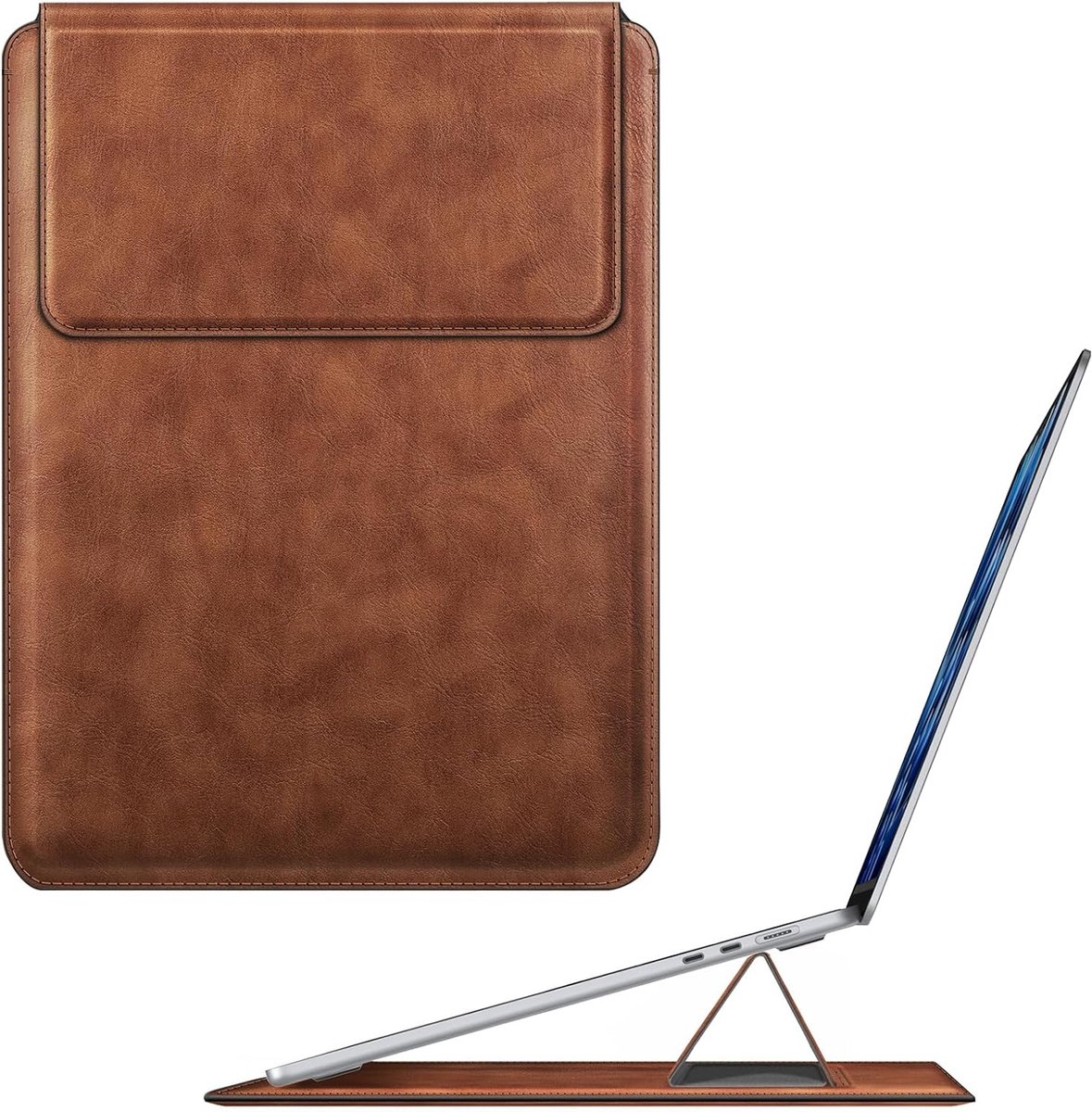 Thijox - 15-16 inch laptoptas met standaard, slim case sleeve voor MacBook Air 15.3 2024 2023 en MacBook Pro 16 2019-2023, bruin kunstleer, krasbesten