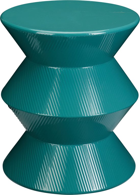 Turquoise bijzettafel met ribbelpatroon.
