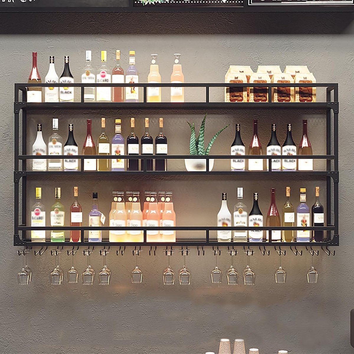 Wandgemonteerd LED Wijnrek met Glashouder en Flessenopslag – Luxe Metalen Barrek 2-in-1 Design 80/100/120/150 x 25 x 90 cm – Industrieel Design voor Wijnflessen en Wijnglazen – HomebyNicole