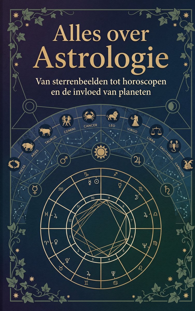 Boekcover met de titel 'Alles over Astrologie' in goudkleurige letters. De achtergrond is donkerblauw met astrologische symbolen en sterrenbeelden.