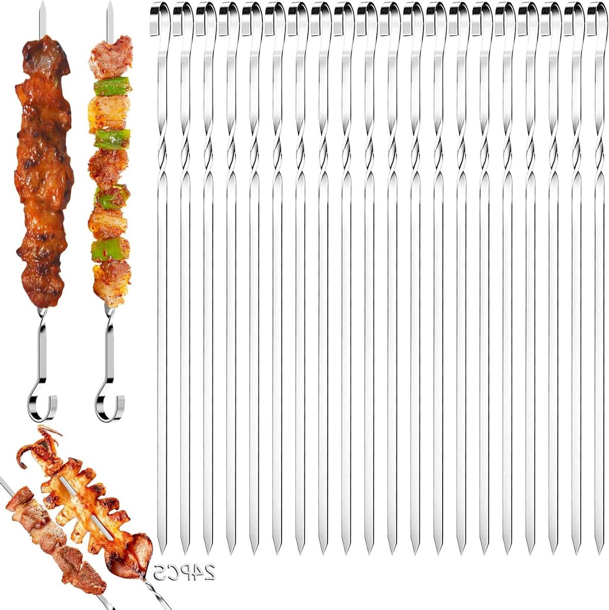 Grill Spiesen - BBQ Prikkers - Perfect Grillen - Spiraal Handvat - 24 Stuks 30cm - Zilverkleurig