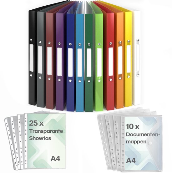25 pochettes transparentes et 10 chemises pour documents A4, avec un set de 13 classeurs de différentes couleurs.