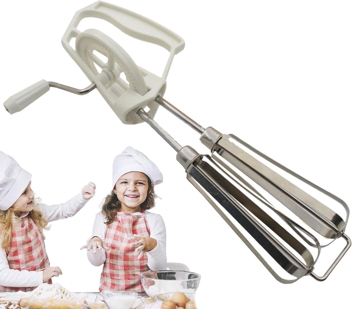 Handmatige eierklopper - Keukengereedschap - Beslag Mixen - Dubbele mengkoppen - 25 cm - Wit