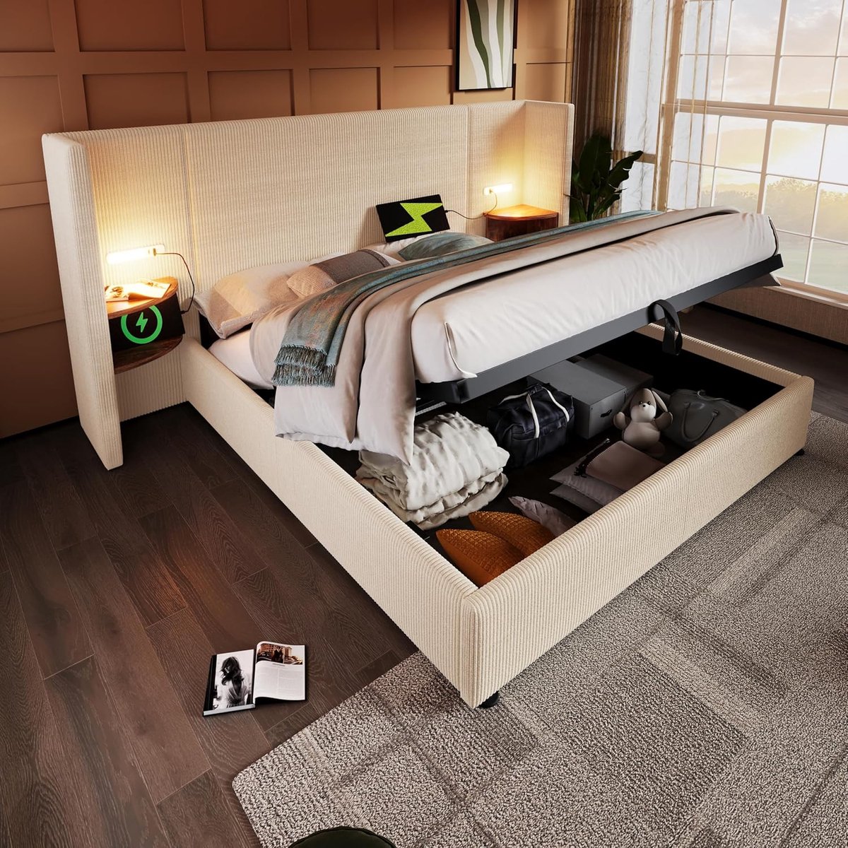 Luxe Gestoffeerd Tweepersoons Bed 160 x 200 cm met Opbergruimte, LED Leeslamp, USB & Type-