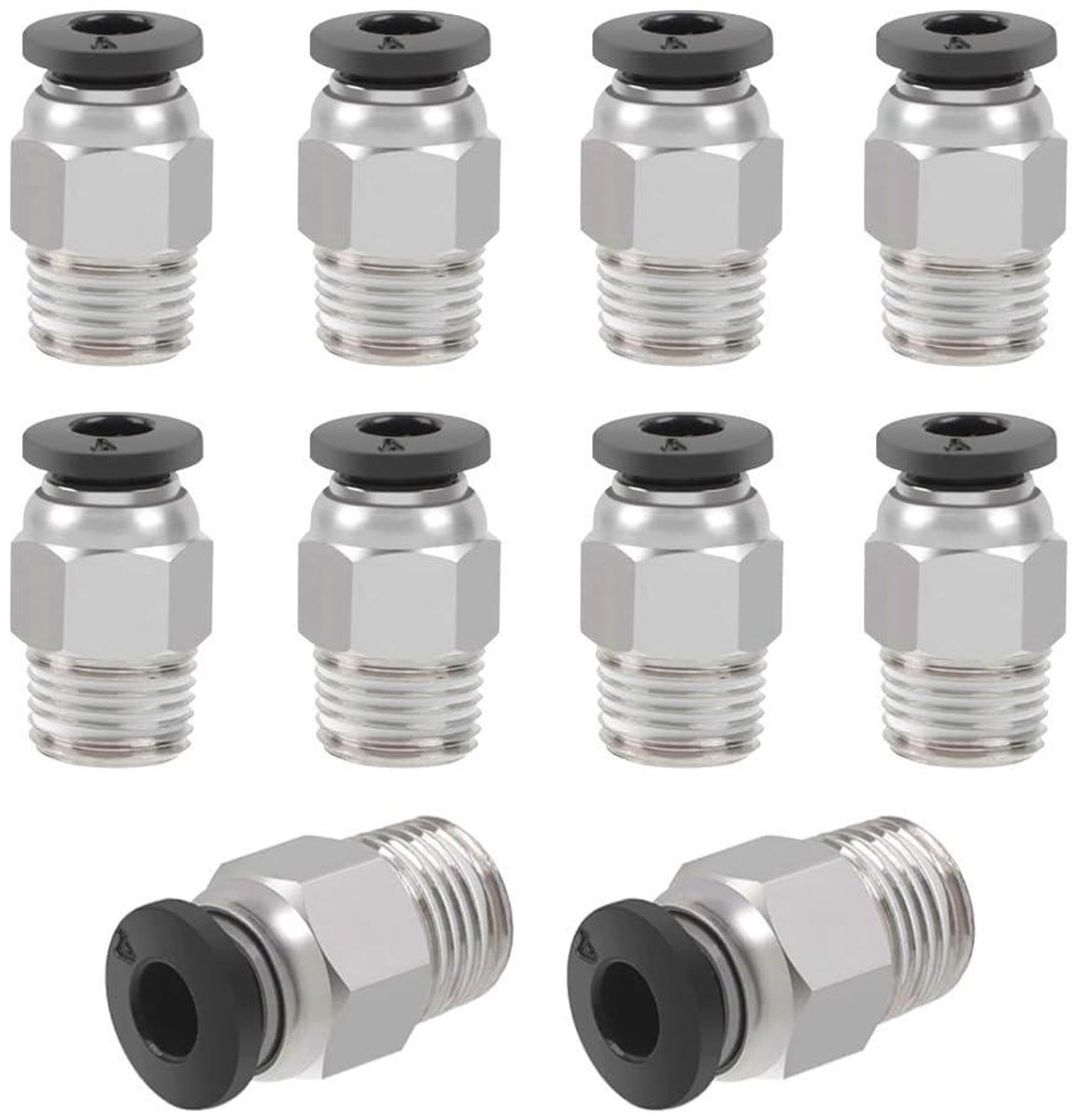 Pneumatische Connectoren - Rechte Fitting - 3D Printer Onderdelen - Eenvoudige Vergrendeling - 10 Stuks - Zilver Zwart
