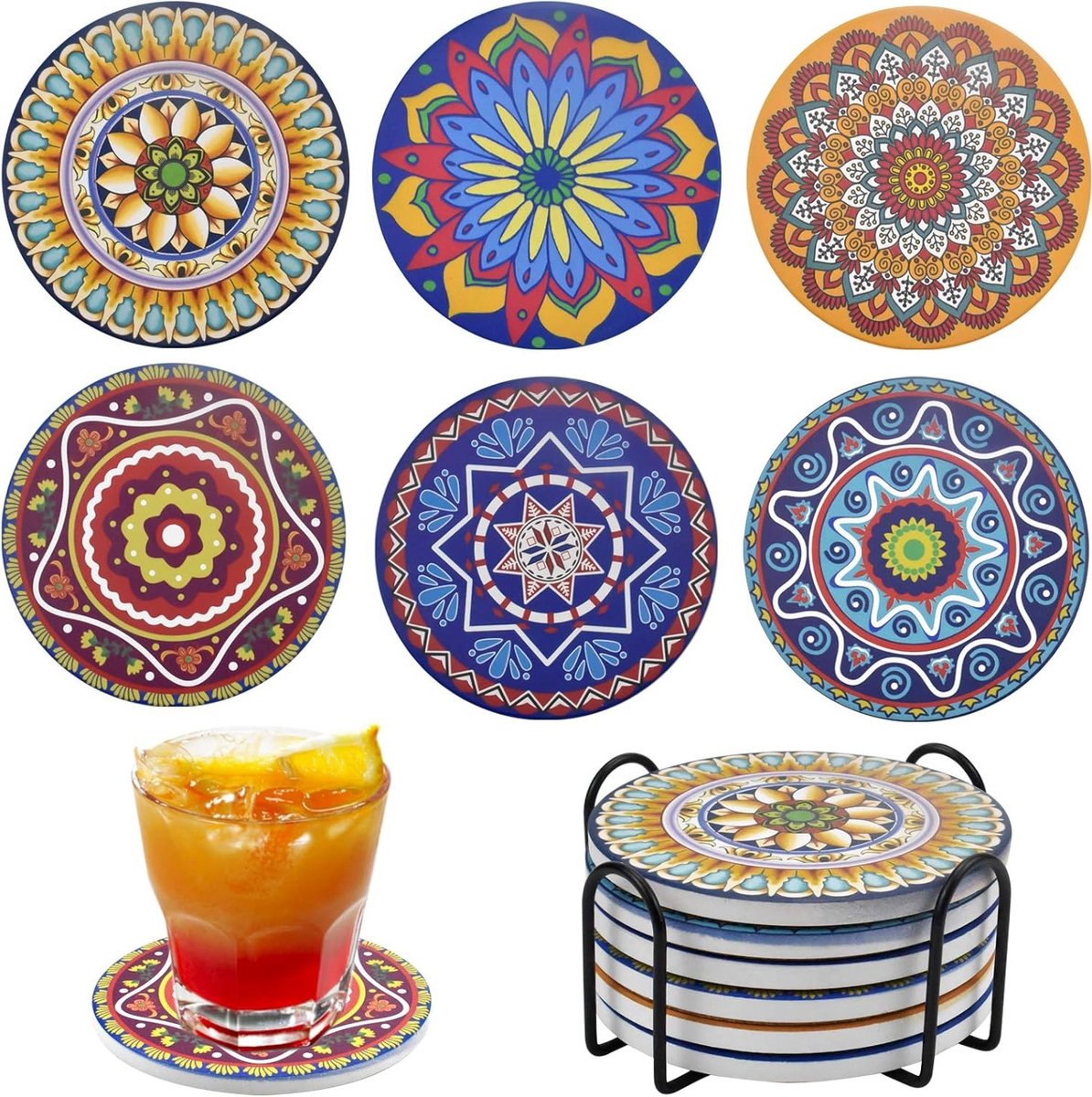 Set van 6 Absorberende Ceramische Onderzetters met Houder - Mandala Design en Antislip