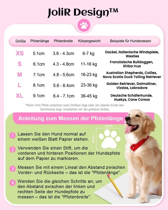 Maattabel voor hondenschoenen met illustraties voor het opmeten van de poot.