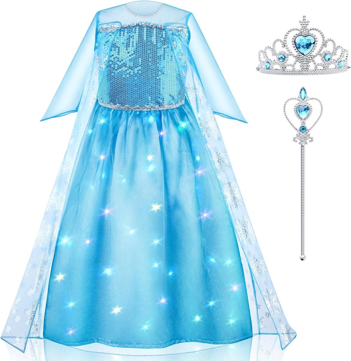 Luminous Prinsessen Kostuum voor Meisjes met Kroon en Toverstaf - Perfect voor Halloween, Carnaval en Verjaardagsfeestjes