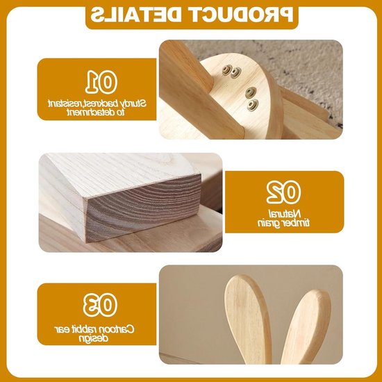 Houten Kinderstoel met Hare Oren, Stevige Constructie, Geschikt voor Kinderen van 1-6 Jaar, 25 cm Zithoogte, Antislip en Stabiliteit voor Peuters in de Kinderkamer, Schattige Stoel voor Creatieve Spelletjes van Merkloos — afbeelding 3