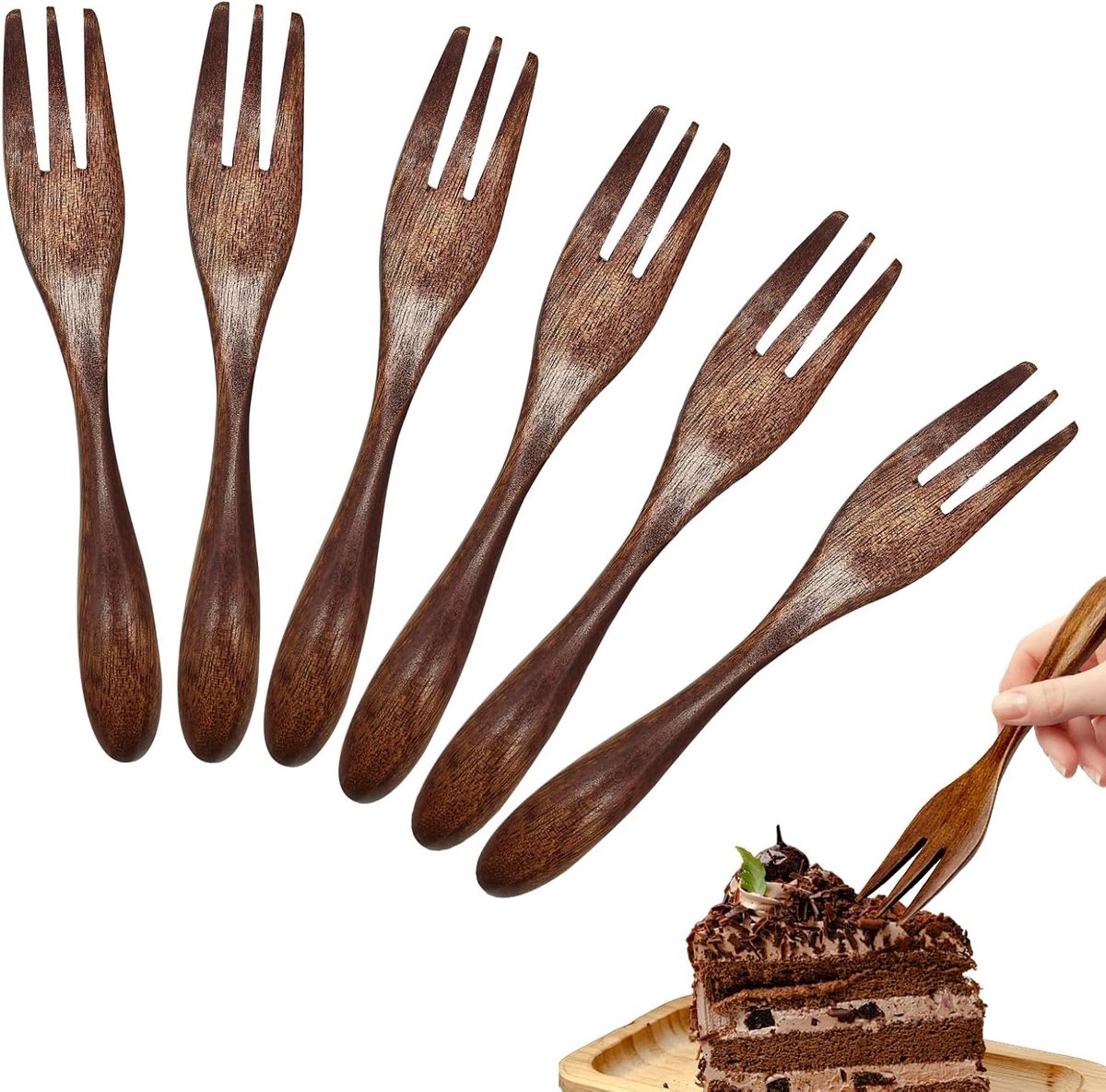 Set van 6 Houten Taartvorken met Drie Tanden - Ideaal voor Desserts, Feestjes en Kamperen