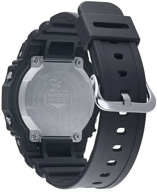Achterkant van een zwarte Casio G-Shock met metalen deksel en schroeven.