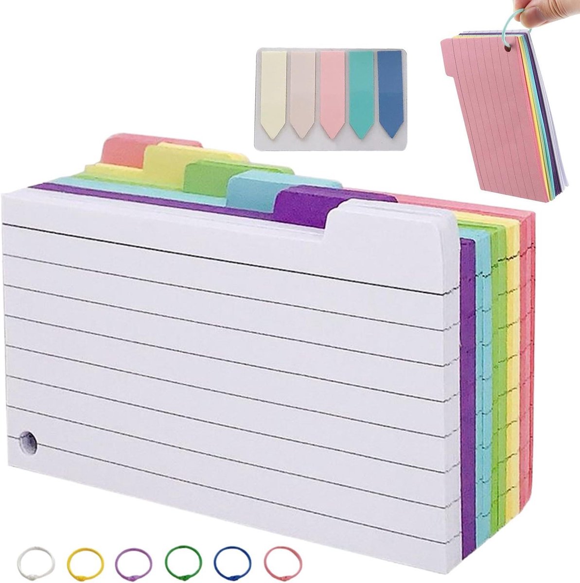 Notitiekaarten - Indexkaarten Studiemateriaal - Studie en Organisatie - Gelinieerd met Kleurcodering - 300 stuks - Multicolor