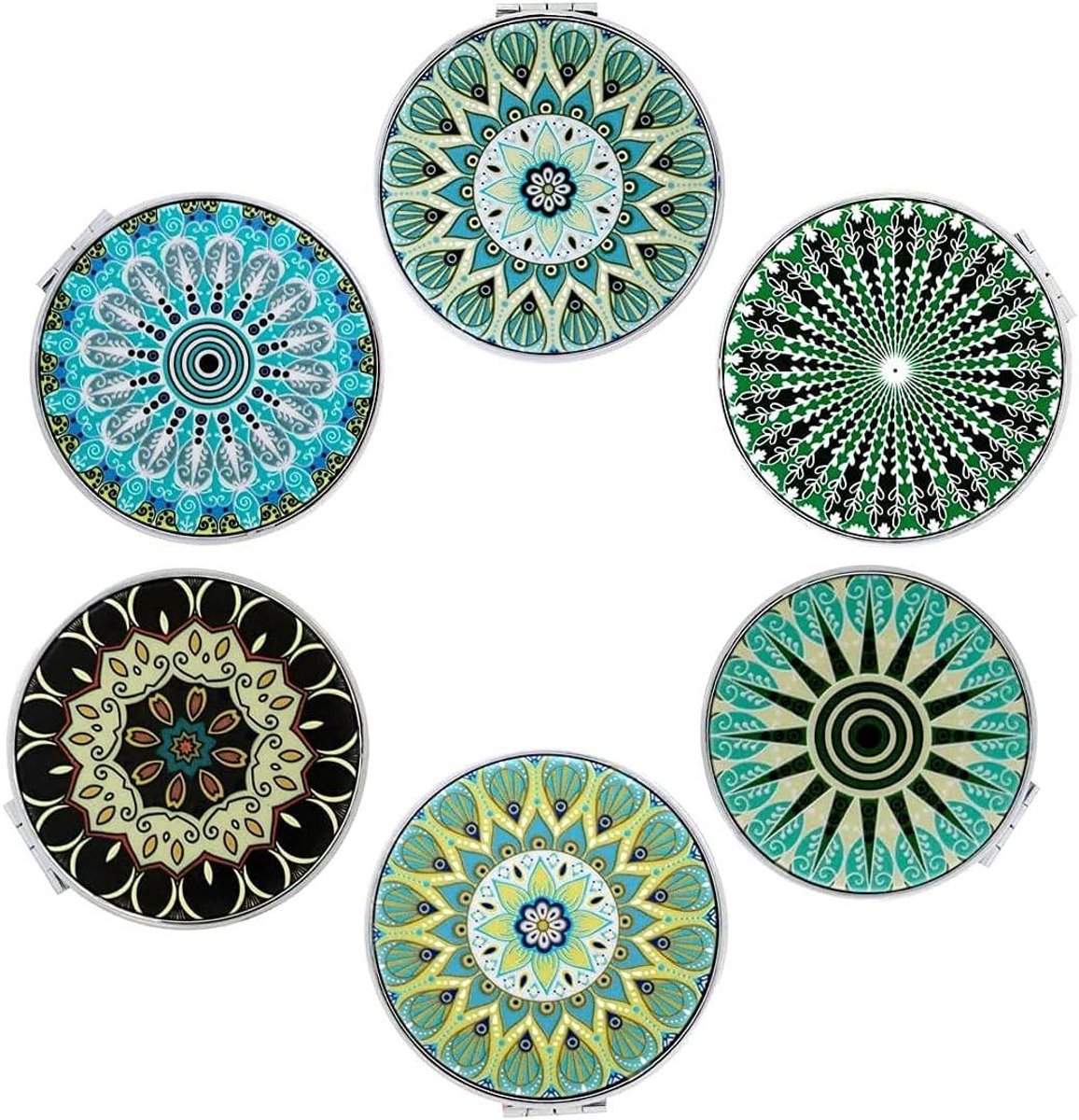Compacte Spiegels - Zakspiegels Set - Make-up Bijwerken - Dubbelzijdig Vergroting - 6 Stuks - Mandala Ontwerpen